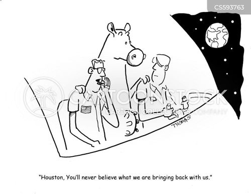 space travel agency cartoon with astronauts and the caption "Houston, you'll never believe what we are bringing back with us." by Bill and Bob Thomas