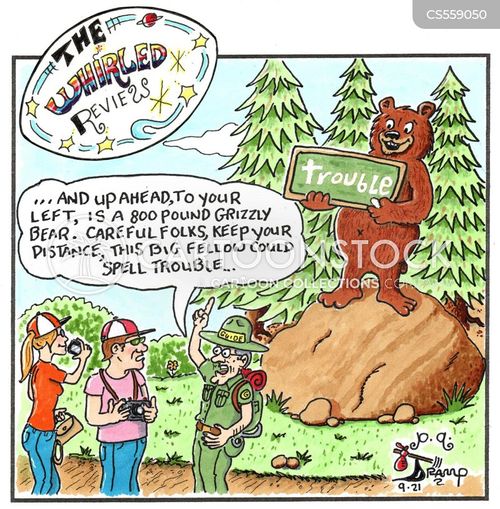bear cartoon with bears and the caption ". . .And up ahead, to your left, is a 800 pound grizzly bear. Careful folks, keep your distance, this big fellow could spell trouble. . ." by John Boatman
