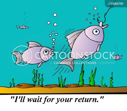 fish cartoon with fishes and the caption "I'll wait for your return." by Alexei Talimonov