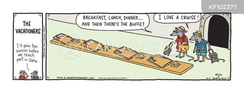 mouse cartoon with mice and the caption "Breakfast, lunch, dinner....and then there's the buffet." by Hilary Price