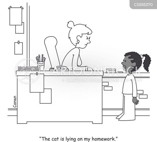 homework cartoon with homework assignment and the caption "The cat is lying on my homework." by Conan de Vries