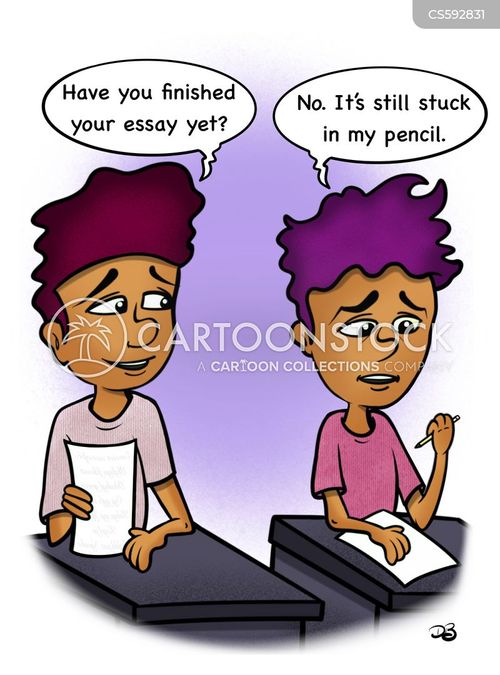 writing assignment cartoon with school and the caption "Have you finished your essay yet?"/"No. It's still stuck in my pencil." by Diana Bledsoe