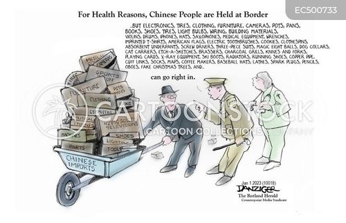 chinese tourists cartoon with chinese imports and the caption For Health Reasons, Chinese People are Held at Border... by Jeff Danziger