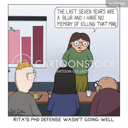 phd student cartoon with phd and the caption Rita's PhD defense wasn't going well." by Jody Zellman