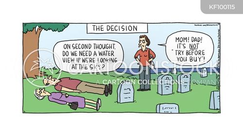 senior citizen cartoon with try before you buy and the caption "On the second thought. Do we need a water view if we're looking at the sky?" by Hilary Price