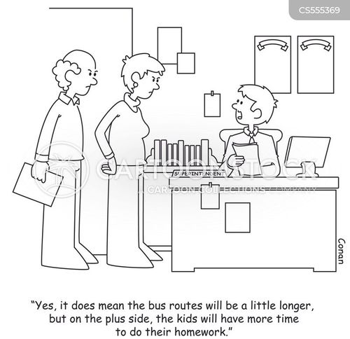 homework cartoon with homework assignment and the caption "Yes, it does mean the bus routes will be a little longer, but on the plus side, the kids will have more time to do their homework." by Conan de Vries