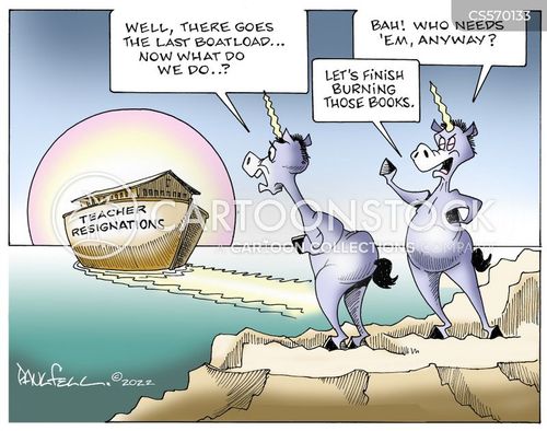 school books cartoon with book ban and the caption Unicorns by Paul Fell