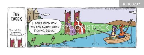 travel cartoon with fishing show and the caption "I don't know how you can watch these fishing shows." by Hilary Price
