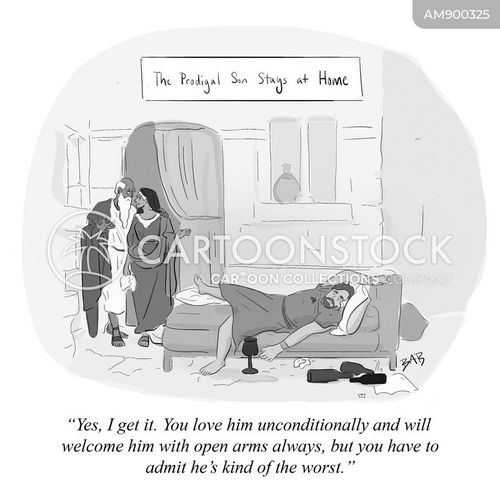 return home cartoon with prodigal son and the caption The Prodigal Son Stays at Home by Brooke Bourgeois