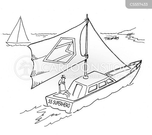 sailboat cartoon with superhero and the caption SS Superhero by Bill and Bob Thomas