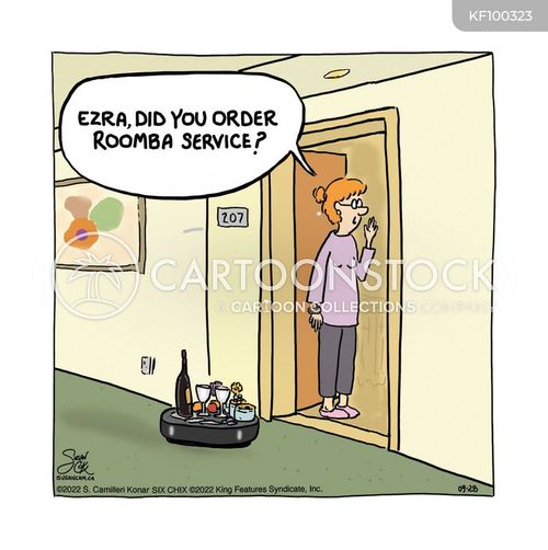 tourist cartoon with vacuum and the caption "Ezra, did you order Roomba service?" by Bannerman / Xunise / Konar / Lawton / Patrinos / Piro