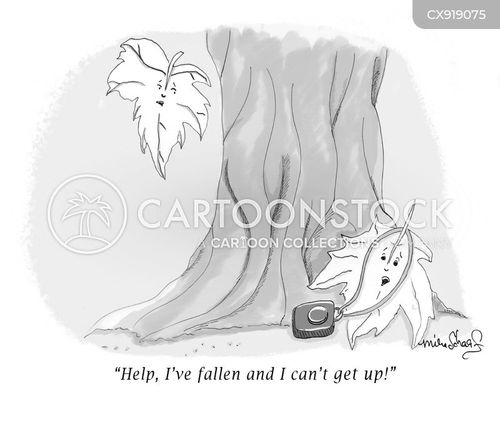 slip and fall cartoon with fall and the caption "Help, I've fallen and I can't get up!" by Mira Scharf