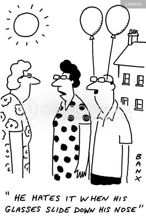 glasses cartoon with specs and the caption "He hates it when his glasses slide down his nose." by Jeremy Banx