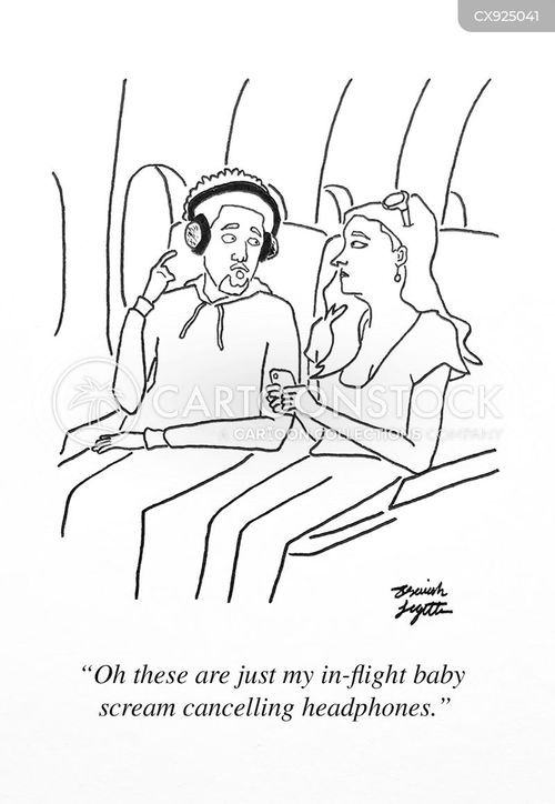 travel cartoon with in-flight and the caption "Oh these are just my in-flight baby scream cancelling headphones." by Isaiah Legette