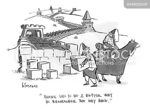 pathway cartoon with great wall of china and the caption "There has to be a better way to remember the way back." by John Klossner