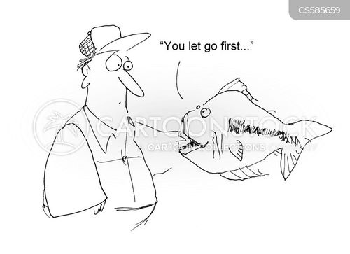 fish cartoon with fishermen and the caption "You let go first..." by Joe Brown