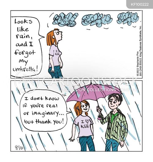 weather forecast cartoon with imaginary and the caption "Looks like rain, and I forgot my umbrella!" by Bannerman / Xunise / Konar / Lawton / Patrinos / Piro