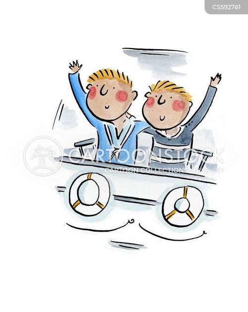 sailing boat cartoon with sail and the caption Two sailors wave from a boat. by Rosie Brooks