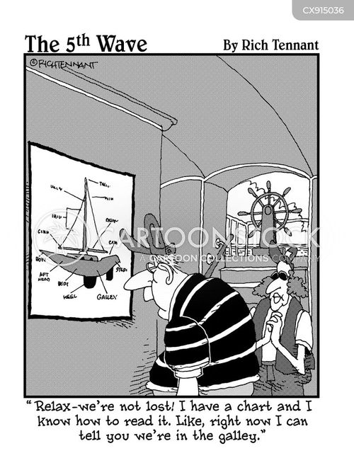 sailing boat cartoon with the 5th wave and the caption "Relax - we're not lost! I have a chart and I know how to read it. Like, right now I can tell you we're in the galley." by Richard Tennant