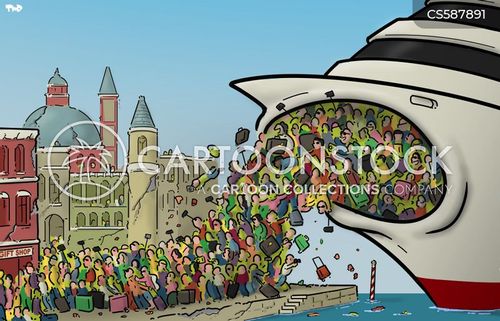 cruise boats cartoon with tourist and the caption Mass Tourism by Tjeerd Royaards