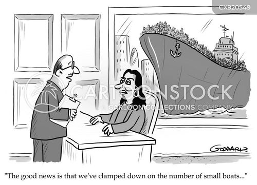 small boat cartoon with small boats and the caption "The good news is that we've clamped down on the number of small boats..." by Clive Goddard