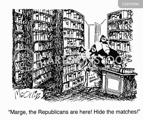 school books cartoon with book burning and the caption "Marge, the Republicans are here! Hide the matches!" by Tim Oliphant