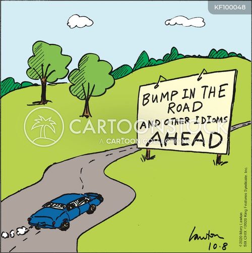 road trip cartoon with idiom and the caption Bump In The Road And Other Idioms Ahead by Bannerman / Xunise / Konar / Lawton / Patrinos / Piro
