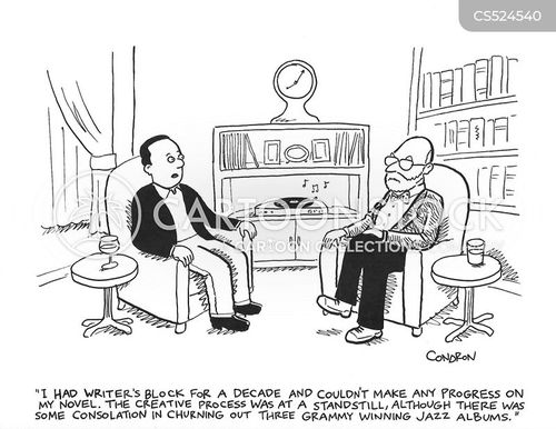 writer's block cartoon with creativity and the caption "I had writer's block for a decade and couldn't make any progress on my novel. The creative process was at a standstill, although there was some consolation in churning out three Grammy winning jazz albums." by Todd Condron