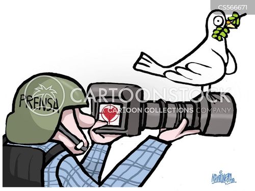 journalist cartoon with journalists and the caption Journalism for peace and love by Alfredo Martirena