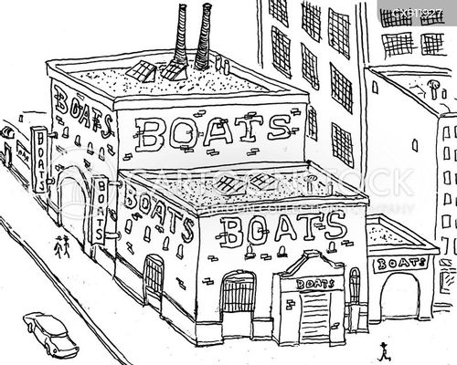 sailboat cartoon with boat and the caption A building covered in signs reading 'boats'. by Steve McGinn