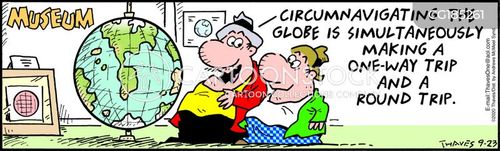 global travel cartoon with frank and ernest and the caption Museum.  Circumnavigating the globe is simultaneously making a one-way trip and a round trip. by Bob and Tom Thaves