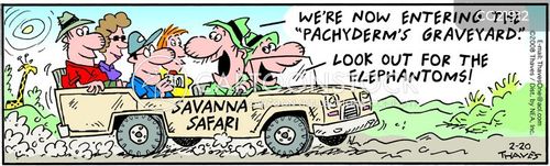 african safari cartoon with frank and ernest and the caption Savanna Safari.  We're now entering the "Pachyderm's Graveyard."  Look out for the elephantoms! by Bob and Tom Thaves