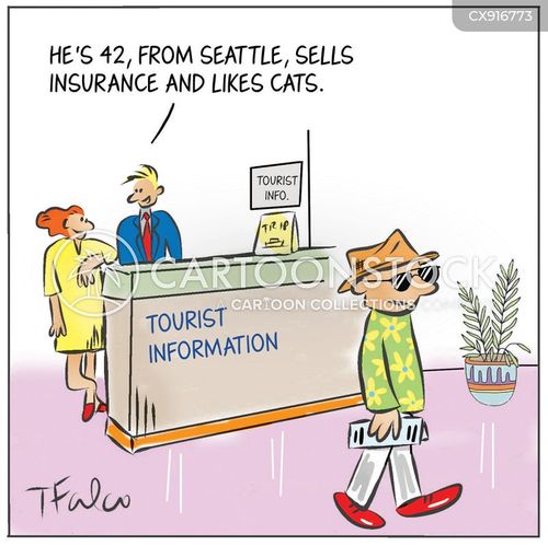 tourist cartoon with tourists and the caption "He's 42, from Seattle, sells insurance and likes cats." by Tom Falco