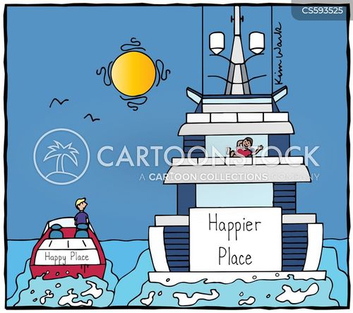 small boat cartoon with boat and the caption Happy Place/Happier Place by Kim Wark