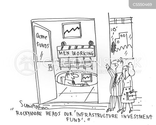 men working cartoon with working men and the caption "Rockymore heads our 'infrastructure investment'." by Harley Schwadron