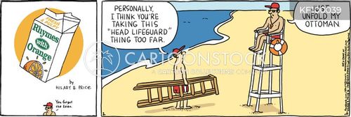 beach cartoon with lifeguards.lifeguard and the caption "Just unfold my ottoman" by Hilary Price