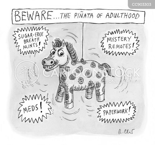 birthday party cartoon with birthday parties and the caption Beware... the Piñata of Adulthood by Roz Chast
