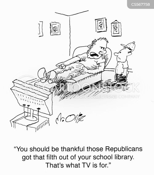 school books cartoon with book ban and the caption "You should be thankful those Republicans got that filth out of your school library. That's what TV is for." by Tim Oliphant