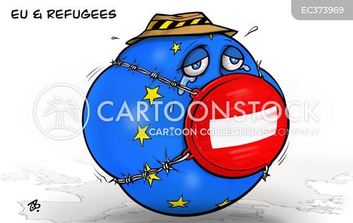eu cartoon with refugees and the caption EU & refugees by Emad Hajjaj