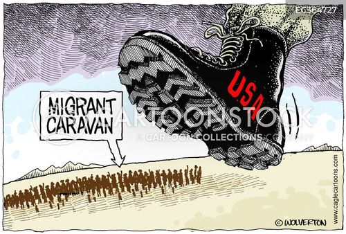 immigrants cartoon with undocumented and the caption Migrant Caravan Crushing by Monte Wolverton