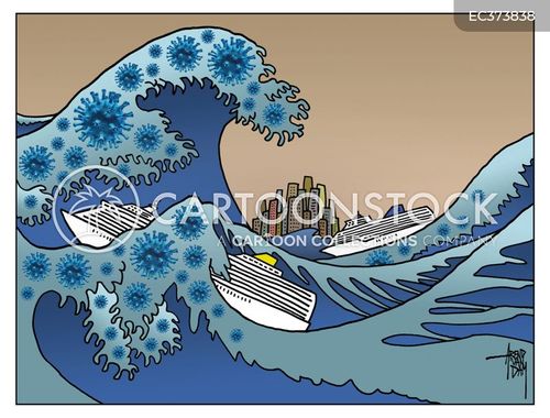 cruiseship cartoon with novel coronavirus and the caption The Great Wave by Arend Van Dam