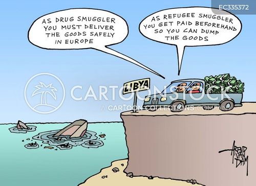 refugees cartoon with mediterranean and the caption Human Trafficking by Arend Van Dam