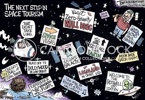 space travel agency cartoon with space tourism and the caption Space Tourism by Joe Heller