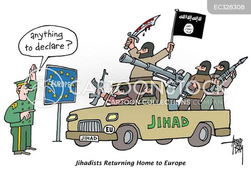 terrorism cartoon with terrorists and the caption Jihadists returning home by Arend Van Dam