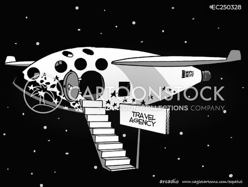 space travel agency cartoon with travel agency and the caption Space Agency by Arcadio Esquivel