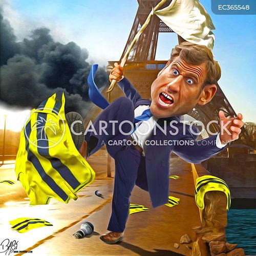 slip and fall cartoon with yellow vests and the caption Caution wet floor by Bart van Leeuwen