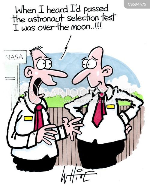 space travel agency cartoon with astronaut and the caption "When I heard I'd passed the astronaut selection test I was over the moon..!!!" by Trevor White