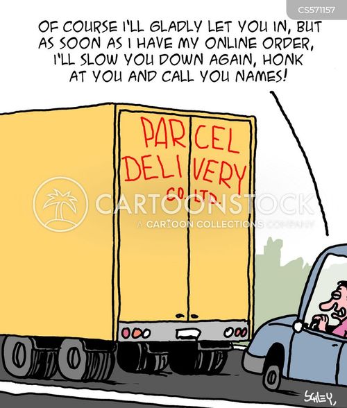 driver cartoon with drivers and the caption "Of course I'll gladly let you in, but as soon as I have my online order, I'll slow you down again, Honk at you and call you names!" by Karsten Schley
