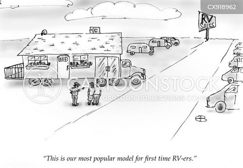 rv cartoon with rvs and the caption "This is our most popular model for first time RV-ers." by Bill Borders