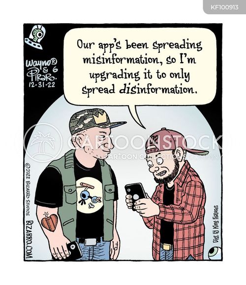 misinformation cartoon with disinformation and the caption "Our app's been spreading misinformation, so I'm upgrading it to only spread disinformation." by Wayno & Piraro